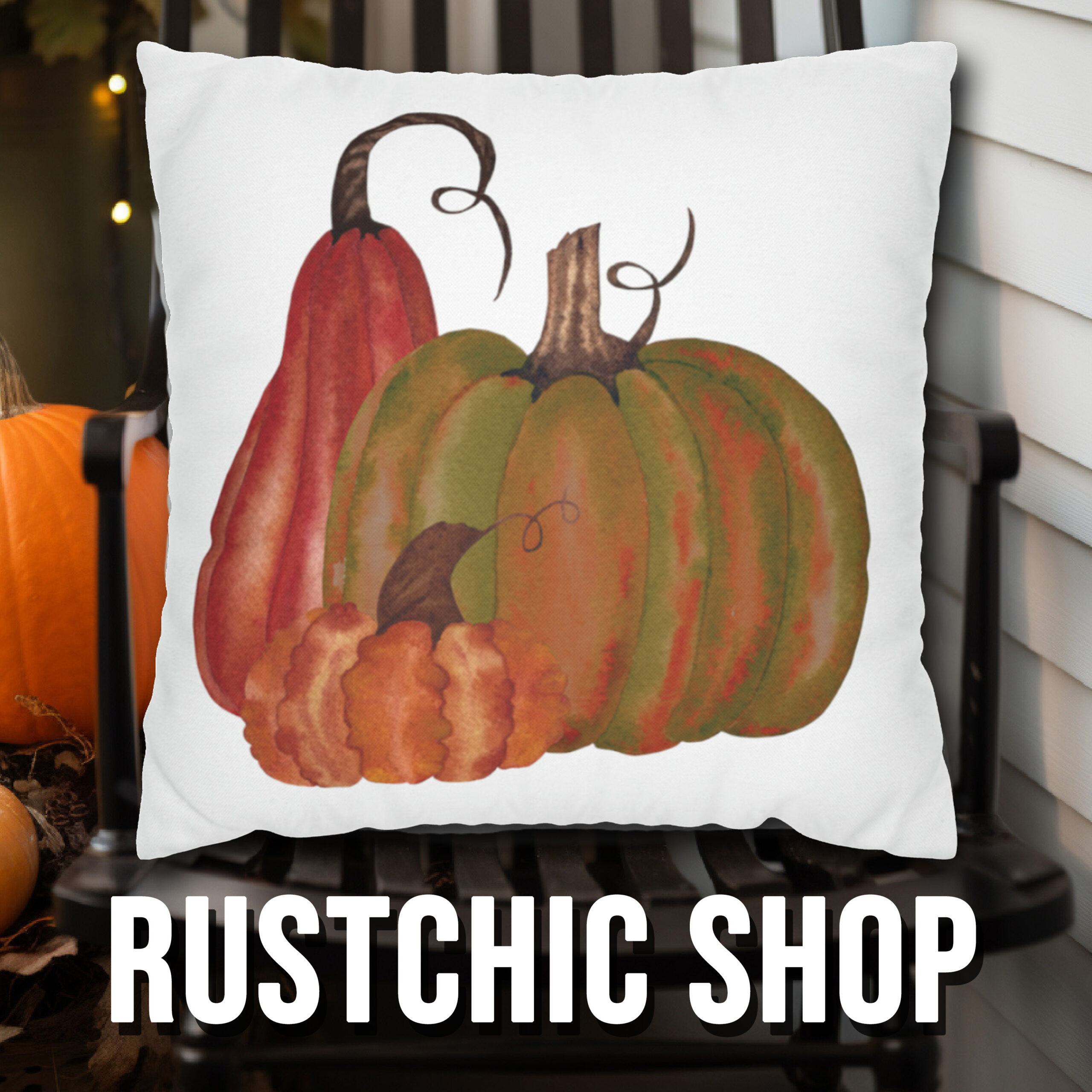 pillow with pumpkins on it sitting on a chair with the title rustchic shop.